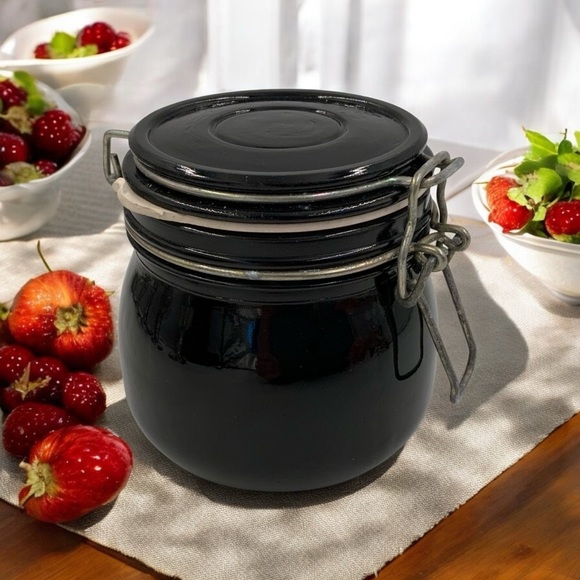 Anchor Hocking Other - Vintage Anchor Hocking Black Ceramic Storage Jar Canister with Wire Clasp Lid